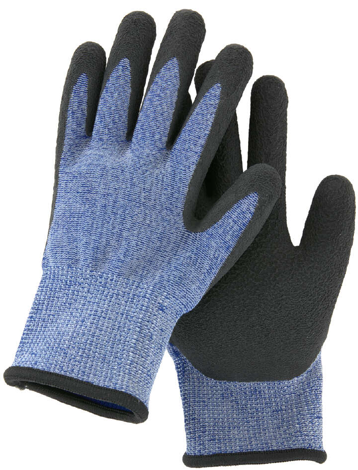 CCENTIMO_Handschuh_Kids_easy_blaumelange_9379958_4026921865258 Zwei blaue Handschuhe mit schwarzer Grip-Oberfläche für Kinder auf weißem Hintergrund.